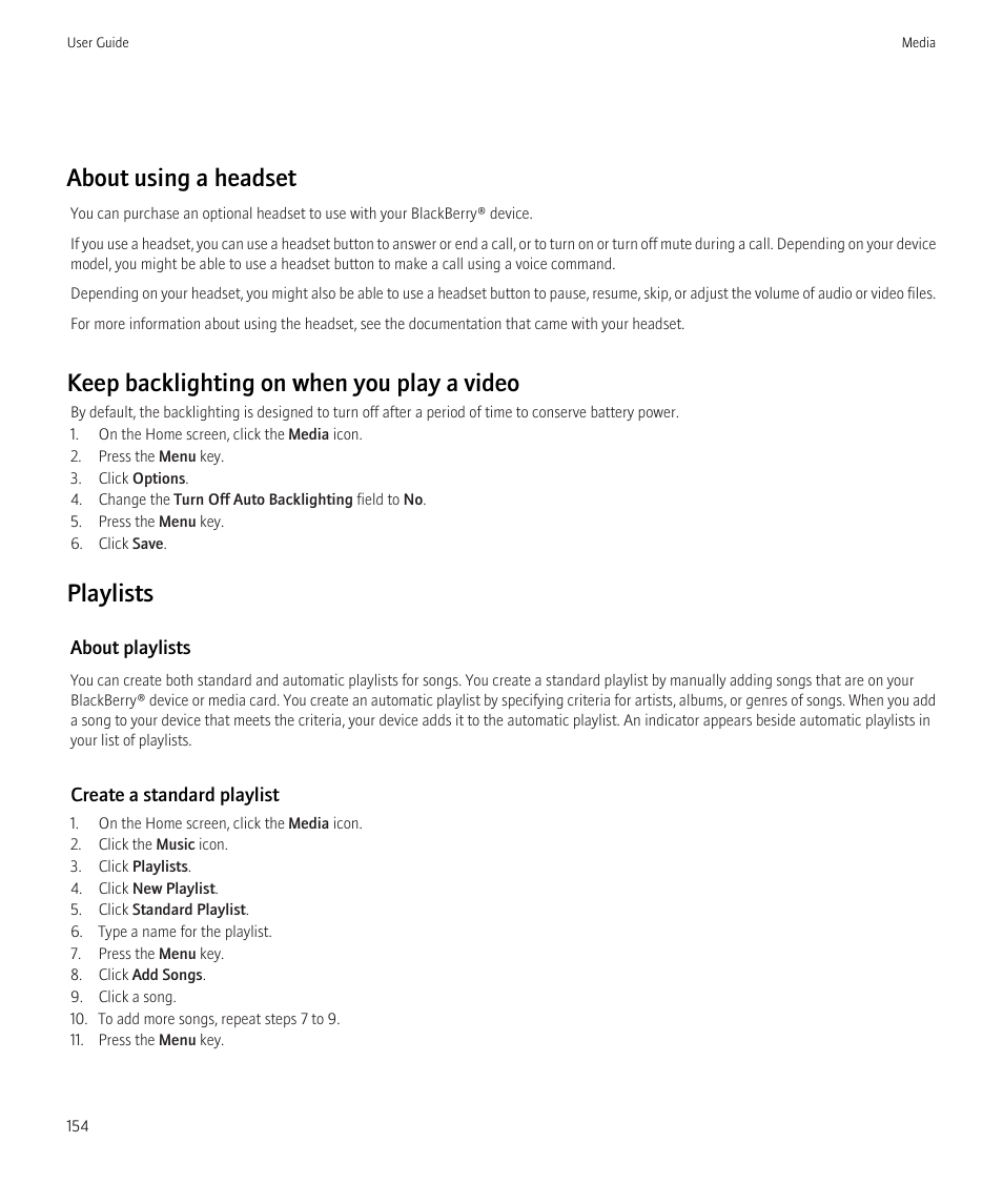About using a headset, Keep backlighting on when you play a video, Playlists | Blackberry CURVE 8980 User Manual | Page 156 / 443