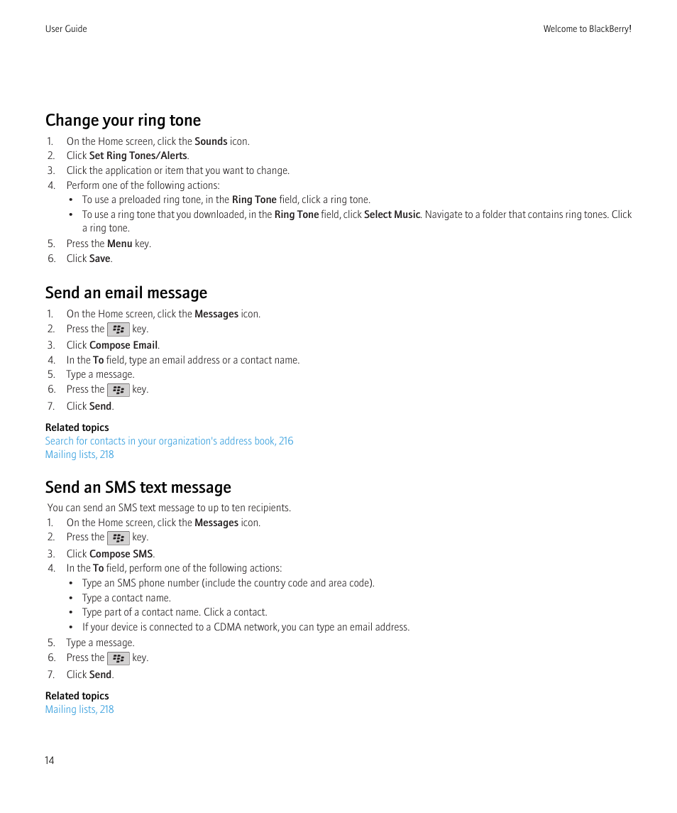 Change your ring tone, Send an email message, Send an sms text message | Blackberry CURVE 8980 User Manual | Page 16 / 443