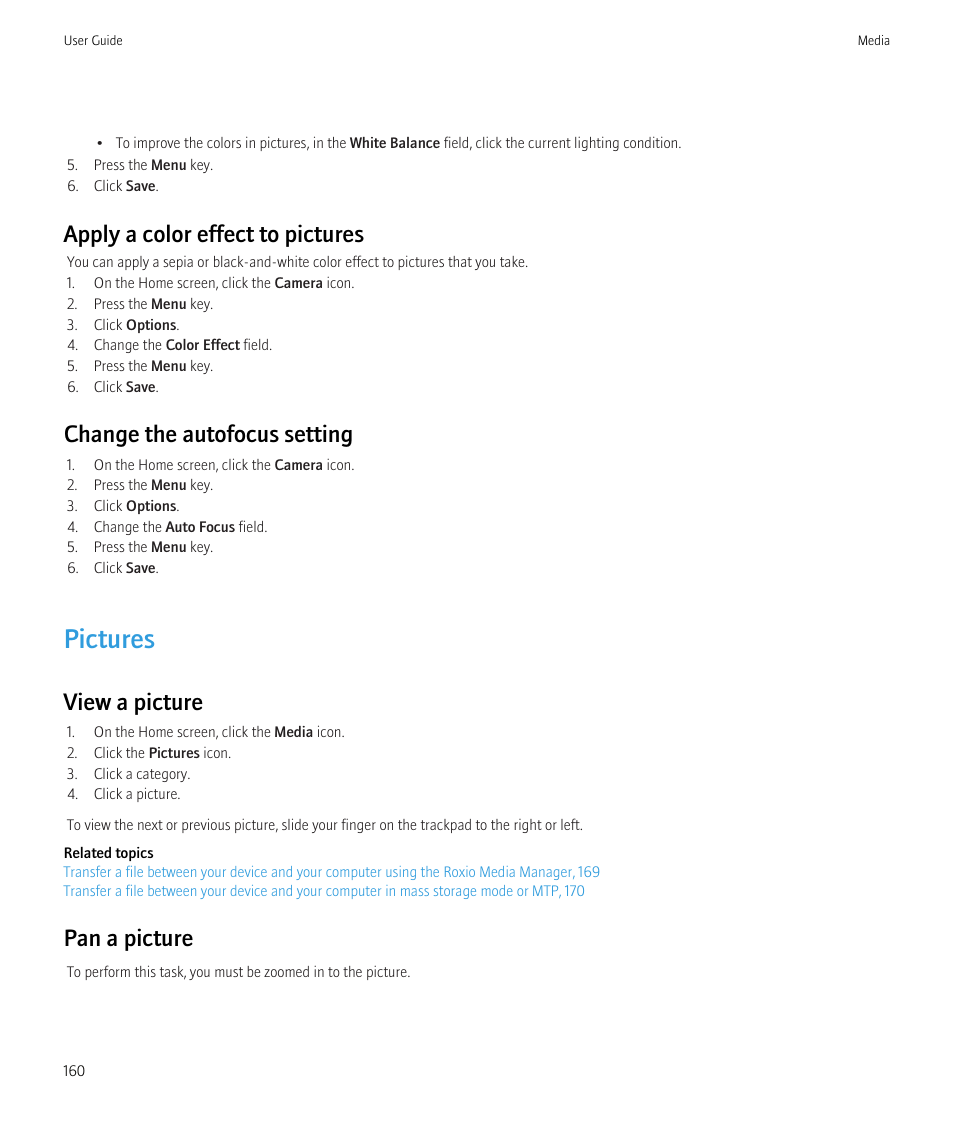 Pictures, Apply a color effect to pictures, Change the autofocus setting | View a picture, Pan a picture | Blackberry CURVE 8980 User Manual | Page 162 / 443