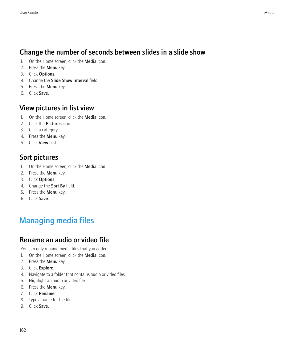 Managing media files, View pictures in list view, Sort pictures | Rename an audio or video file | Blackberry CURVE 8980 User Manual | Page 164 / 443