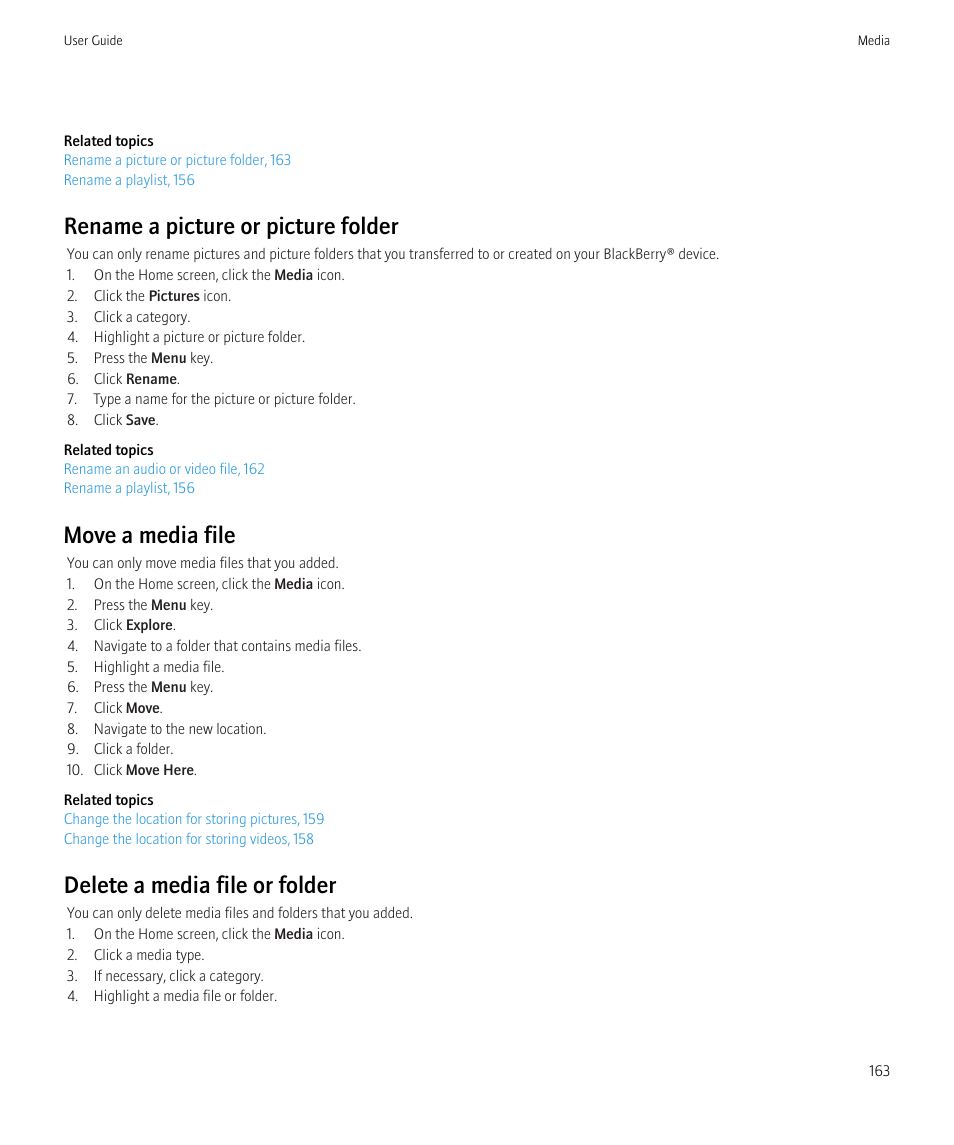 Delete a media file or folder, 163, Move a media file, 163, Rename a picture or picture folder | Move a media file, Delete a media file or folder | Blackberry CURVE 8980 User Manual | Page 165 / 443