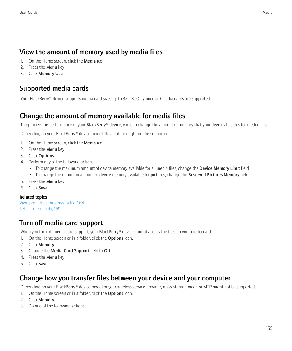 Supported media cards, Turn off media card support | Blackberry CURVE 8980 User Manual | Page 167 / 443