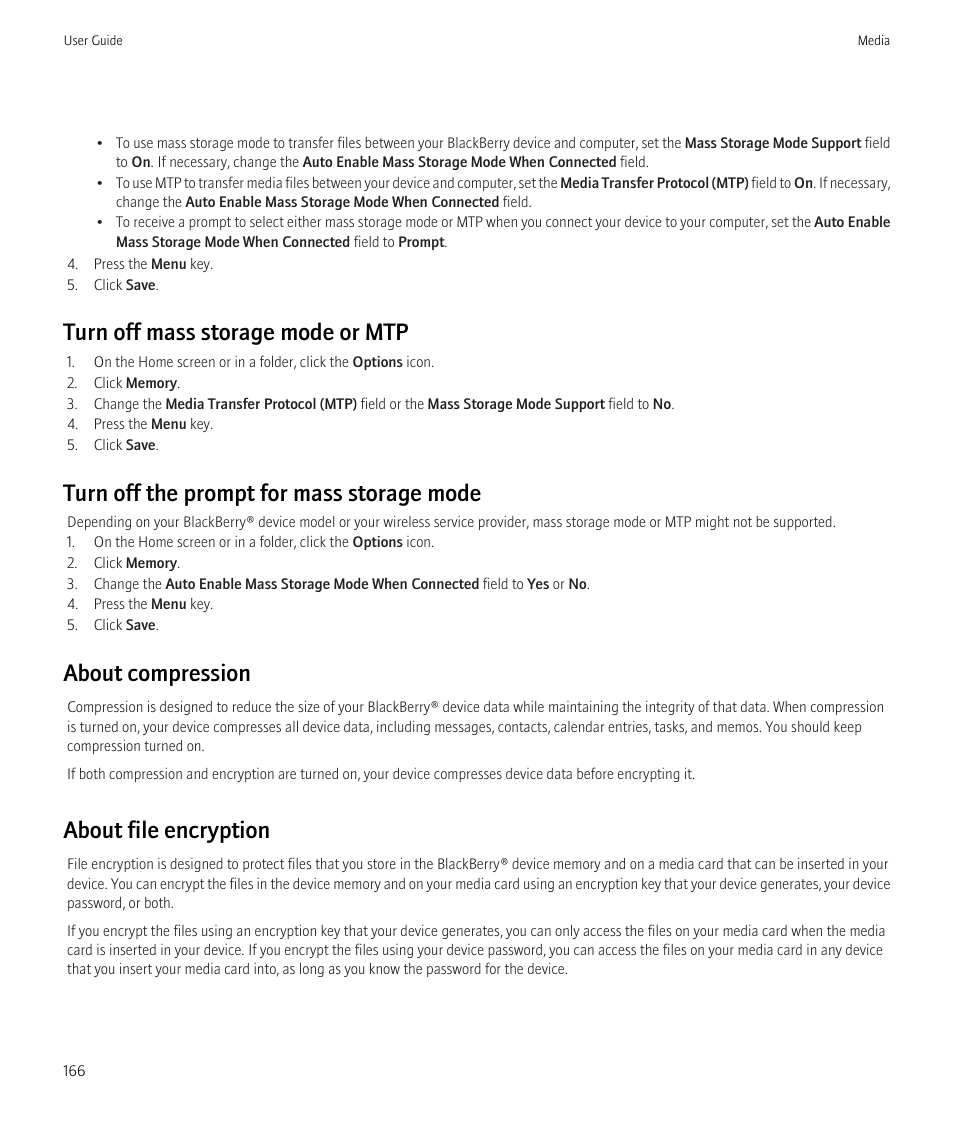 Turn off mass storage mode or mtp, Turn off the prompt for mass storage mode, About compression | About file encryption | Blackberry CURVE 8980 User Manual | Page 168 / 443