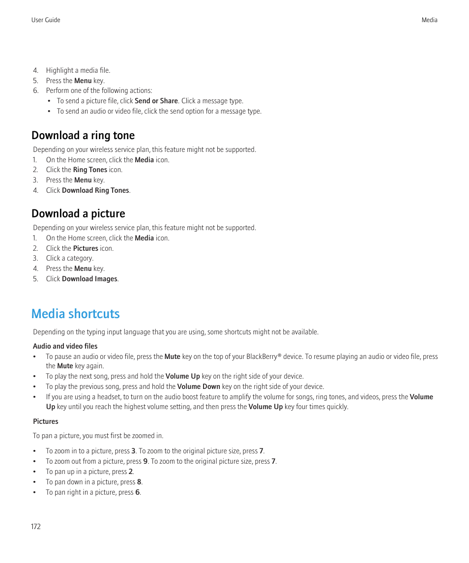 Media shortcuts, Download a ring tone, Download a picture | Blackberry CURVE 8980 User Manual | Page 174 / 443