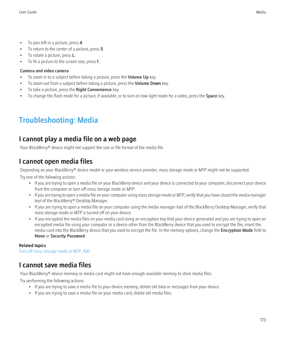 Troubleshooting: media, I cannot play a media file on a web page, I cannot open media files | I cannot save media files | Blackberry CURVE 8980 User Manual | Page 175 / 443