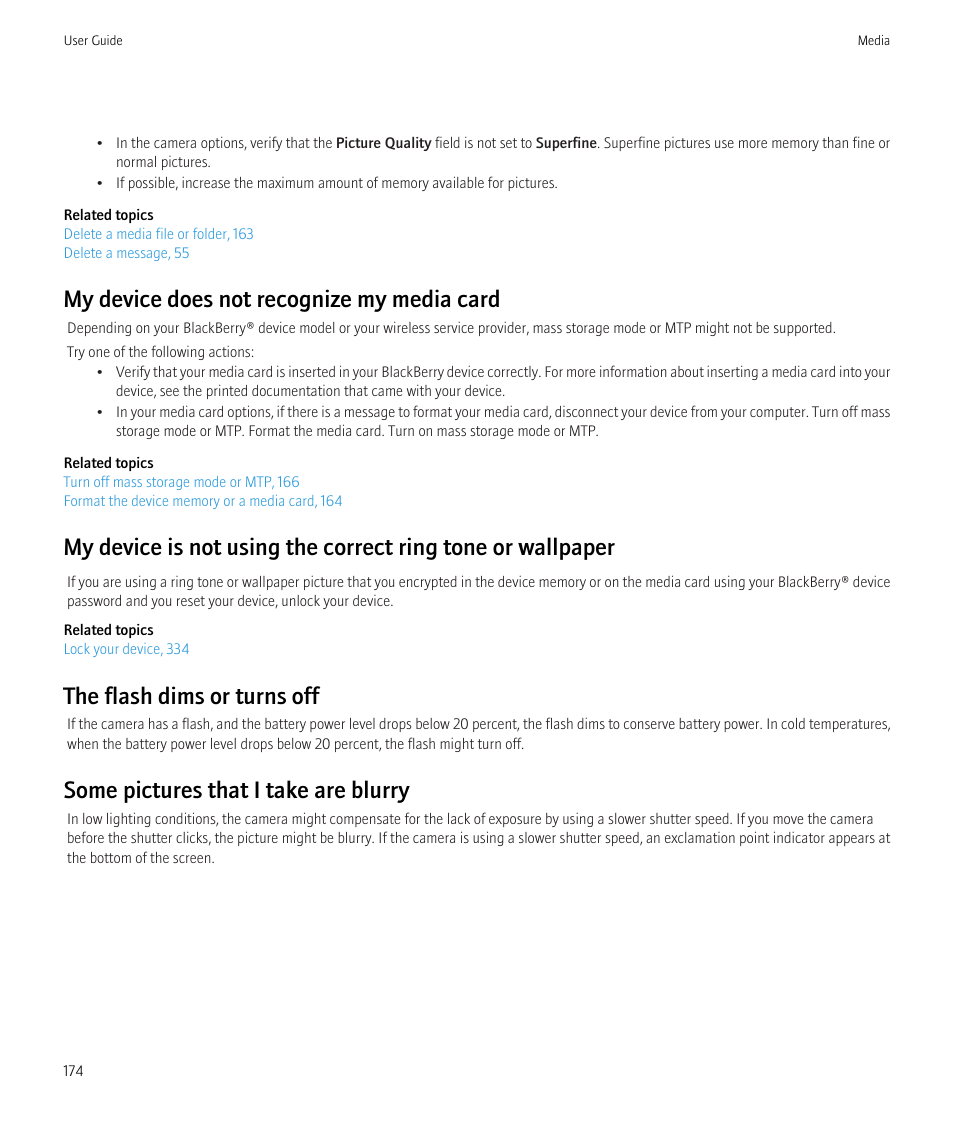 My device does not recognize my media card, The flash dims or turns off, Some pictures that i take are blurry | Blackberry CURVE 8980 User Manual | Page 176 / 443