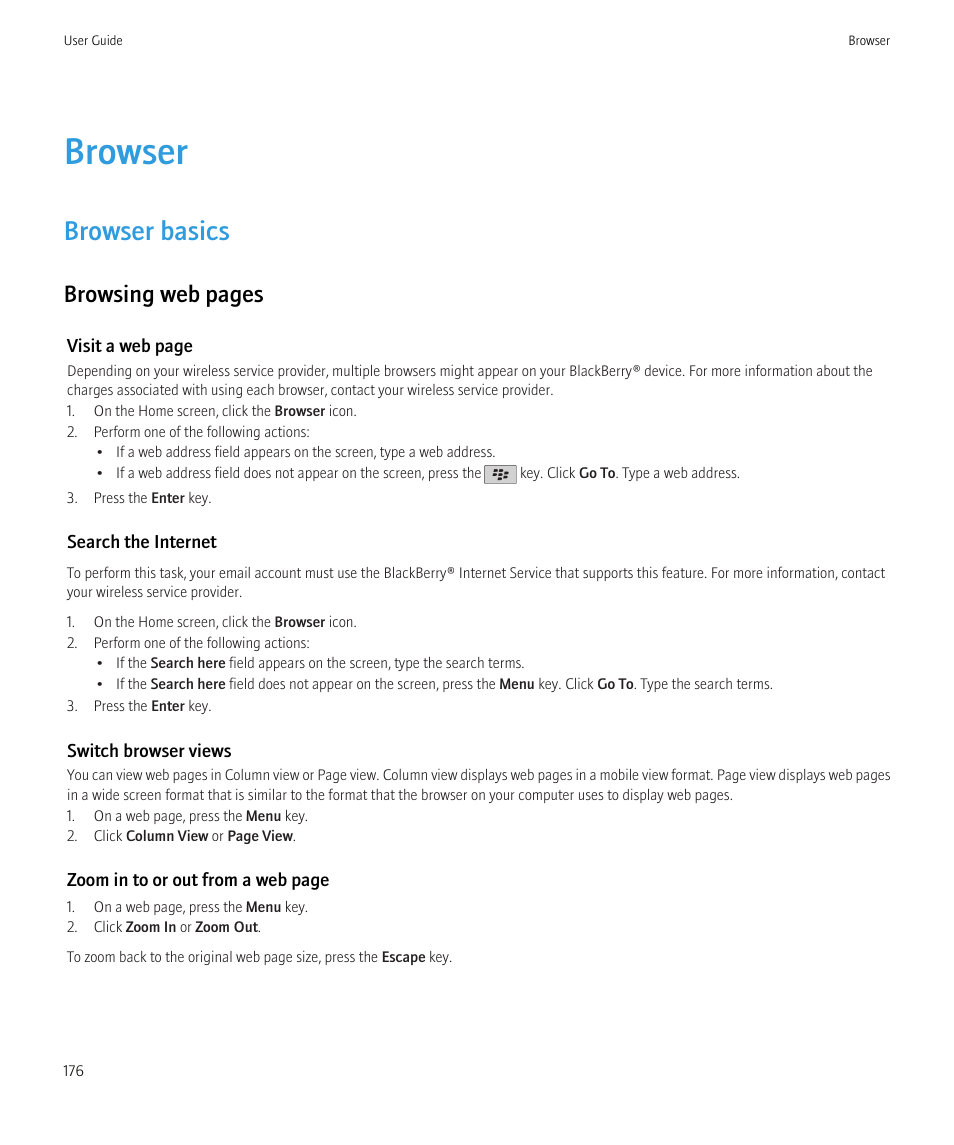 Browser, Browser basics, Browsing web pages | Blackberry CURVE 8980 User Manual | Page 178 / 443