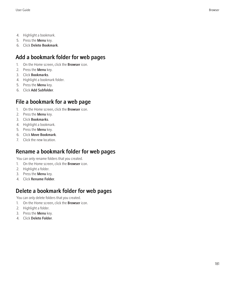 Add a bookmark folder for web pages, File a bookmark for a web page, Rename a bookmark folder for web pages | Delete a bookmark folder for web pages | Blackberry CURVE 8980 User Manual | Page 183 / 443