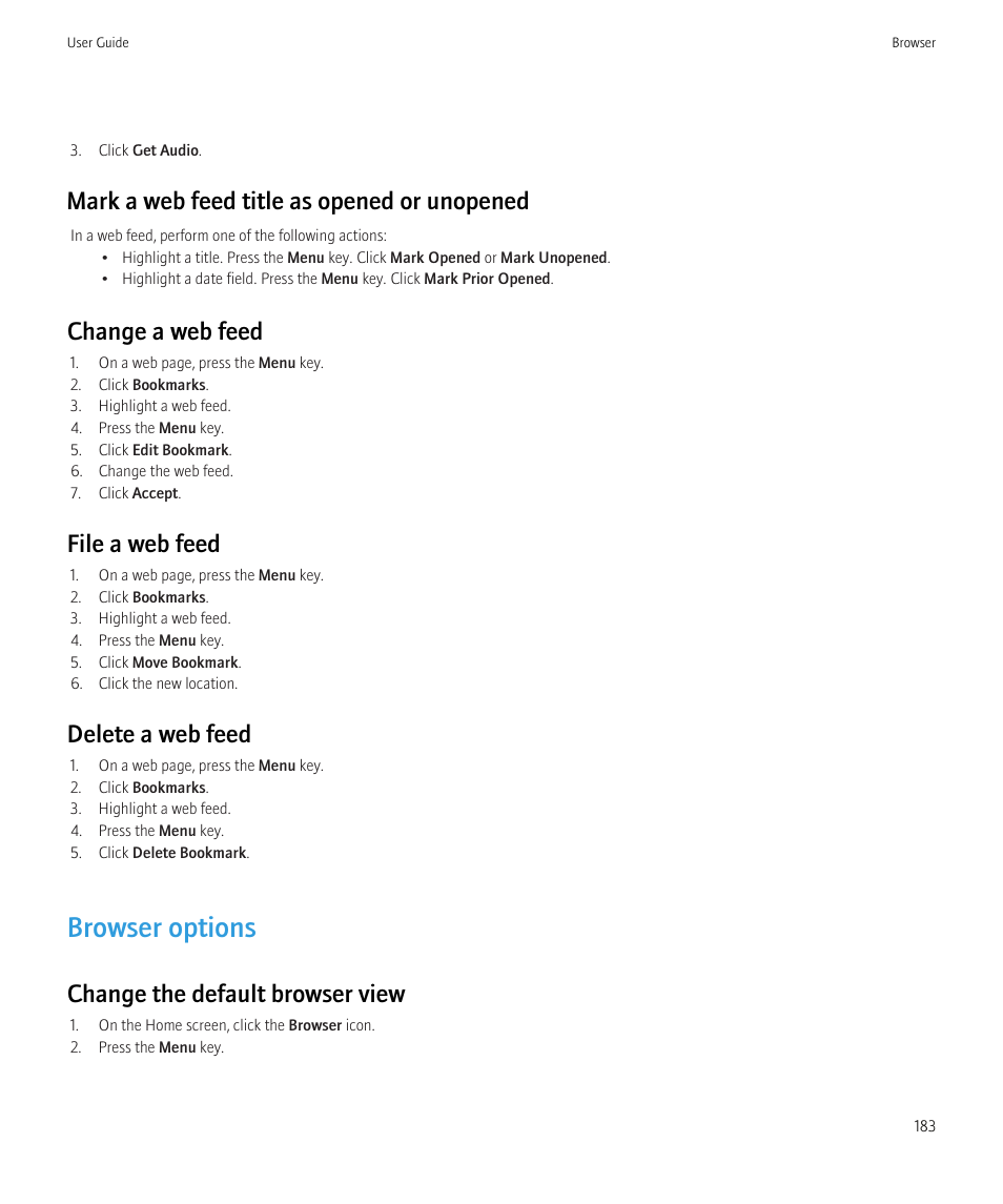 Browser options, Mark a web feed title as opened or unopened, Change a web feed | File a web feed, Delete a web feed, Change the default browser view | Blackberry CURVE 8980 User Manual | Page 185 / 443