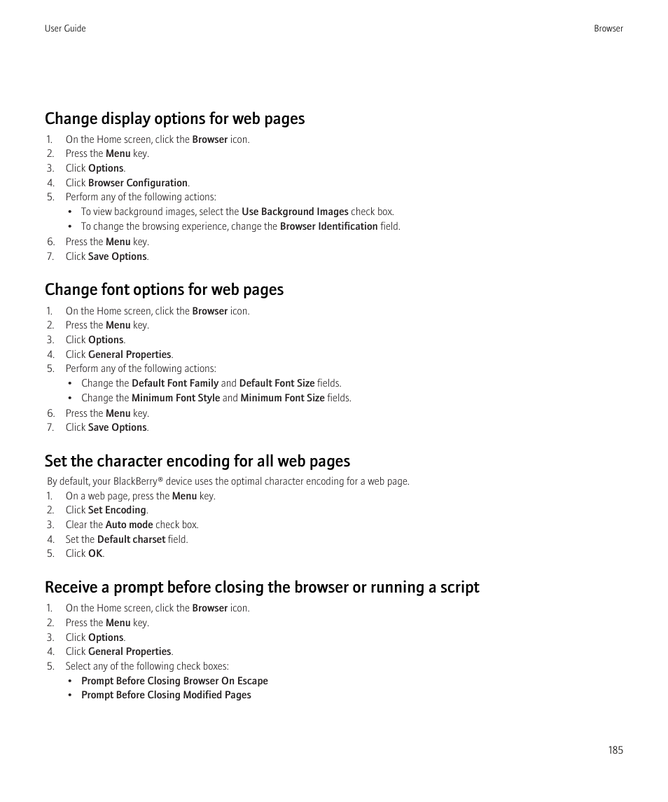 Change display options for web pages, Change font options for web pages, Set the character encoding for all web pages | Blackberry CURVE 8980 User Manual | Page 187 / 443