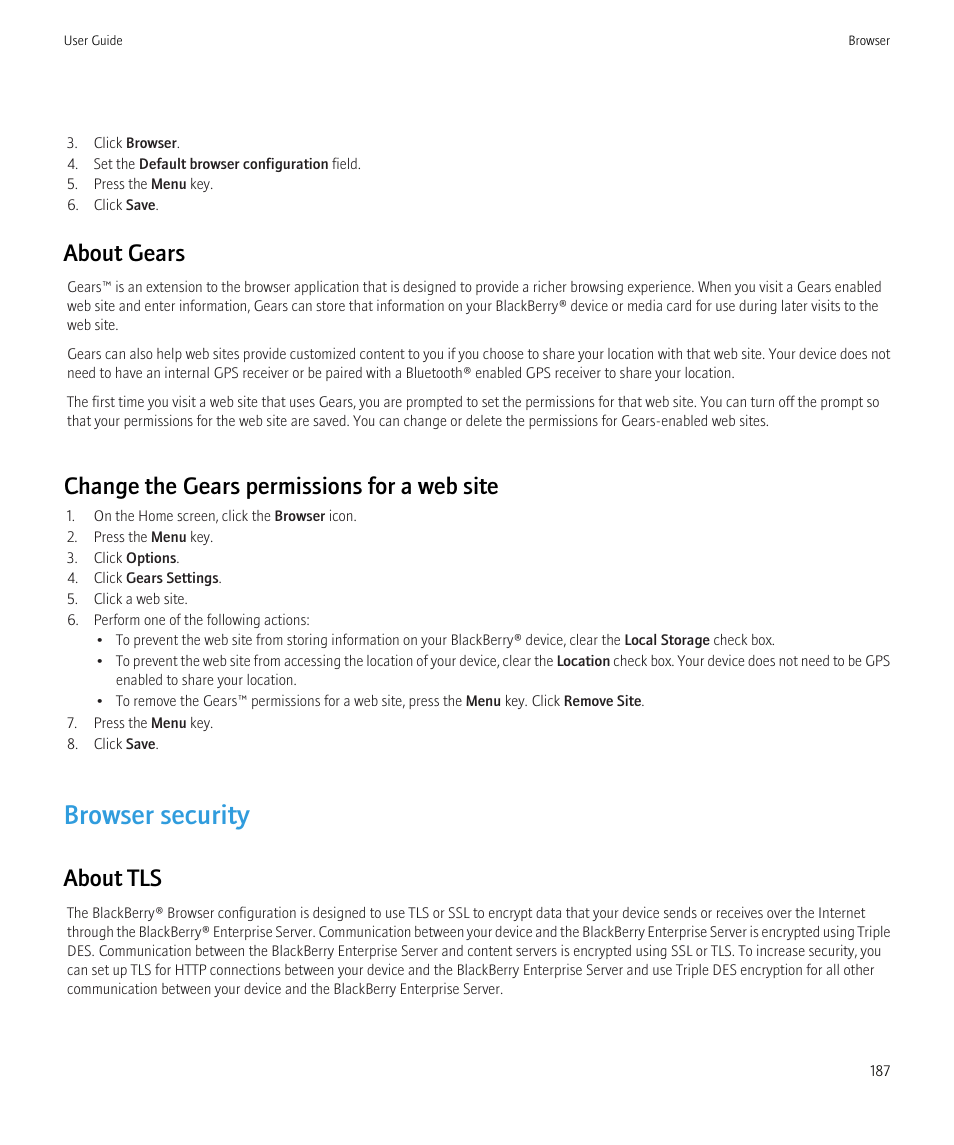 Browser security, About gears, Change the gears permissions for a web site | About tls | Blackberry CURVE 8980 User Manual | Page 189 / 443