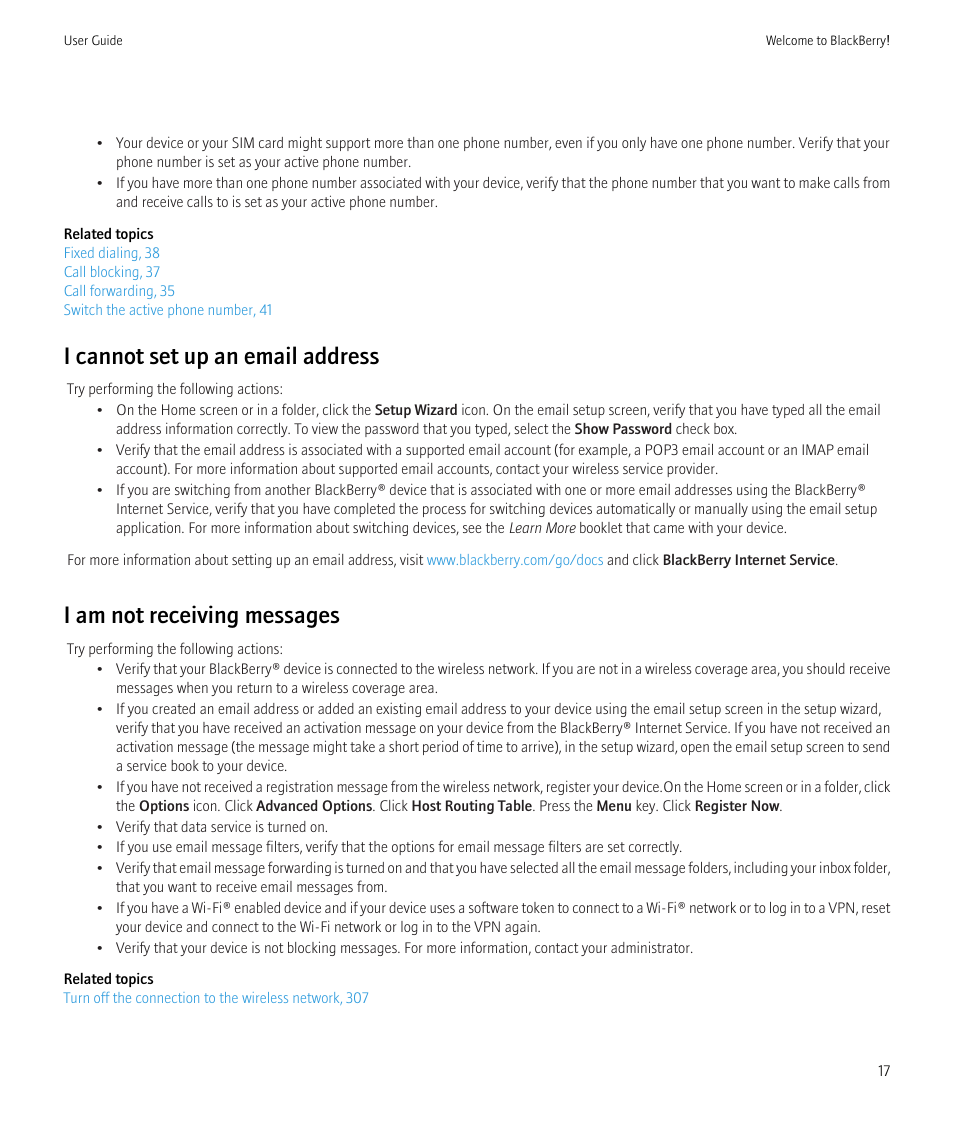 I cannot set up an email address, I am not receiving messages | Blackberry CURVE 8980 User Manual | Page 19 / 443