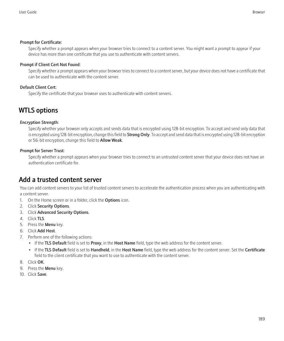 Wtls options, Add a trusted content server | Blackberry CURVE 8980 User Manual | Page 191 / 443