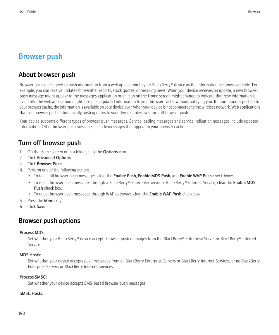 Browser push, About browser push, Turn off browser push | Browser push options | Blackberry CURVE 8980 User Manual | Page 192 / 443