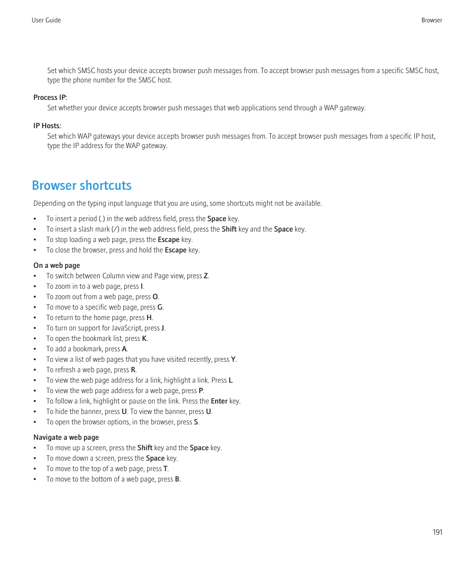 Browser shortcuts | Blackberry CURVE 8980 User Manual | Page 193 / 443