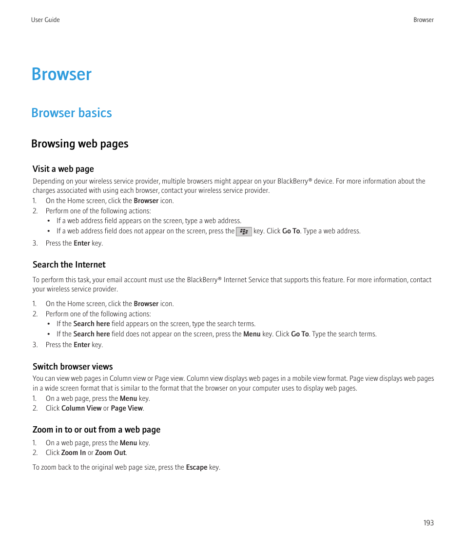 Browser, Browser basics, Browsing web pages | Blackberry CURVE 8980 User Manual | Page 195 / 443