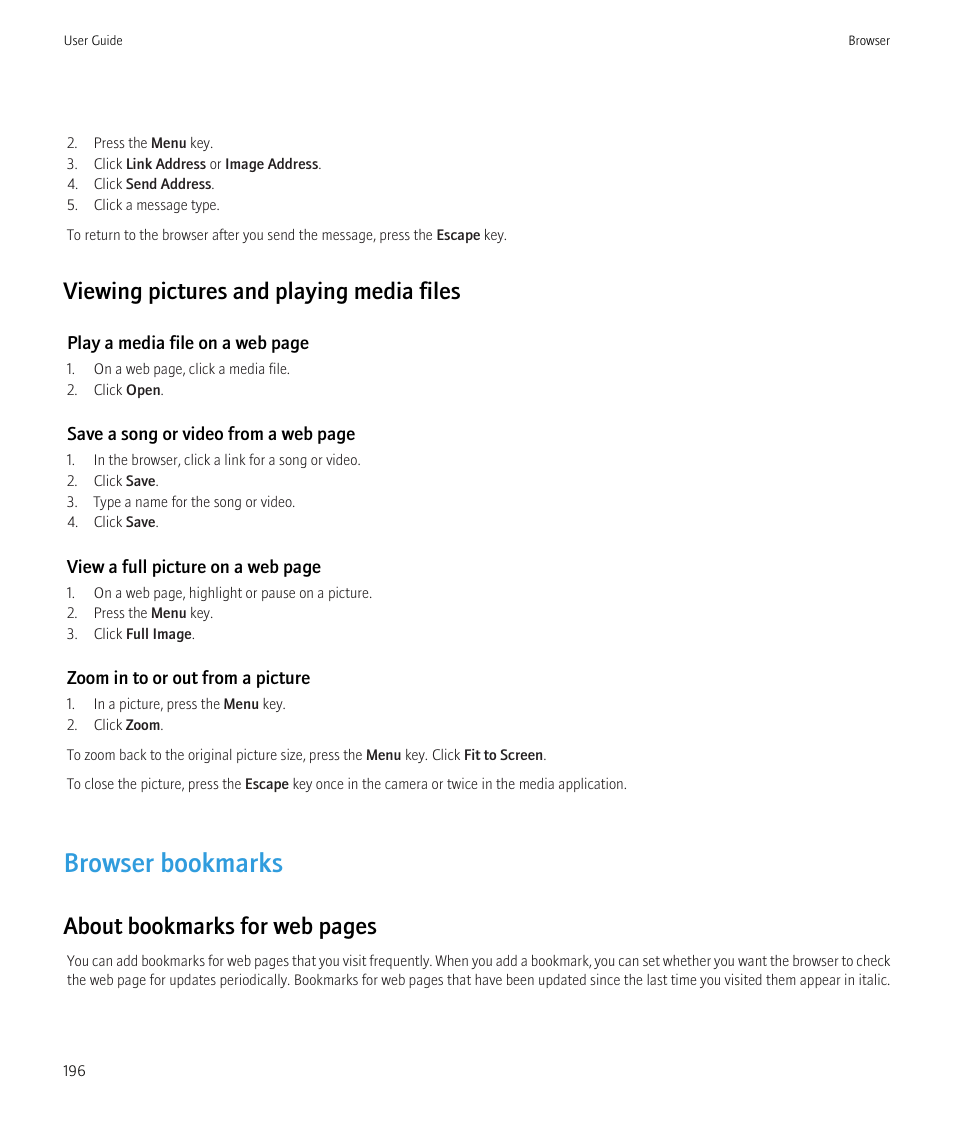 Browser bookmarks, Viewing pictures and playing media files, About bookmarks for web pages | Blackberry CURVE 8980 User Manual | Page 198 / 443