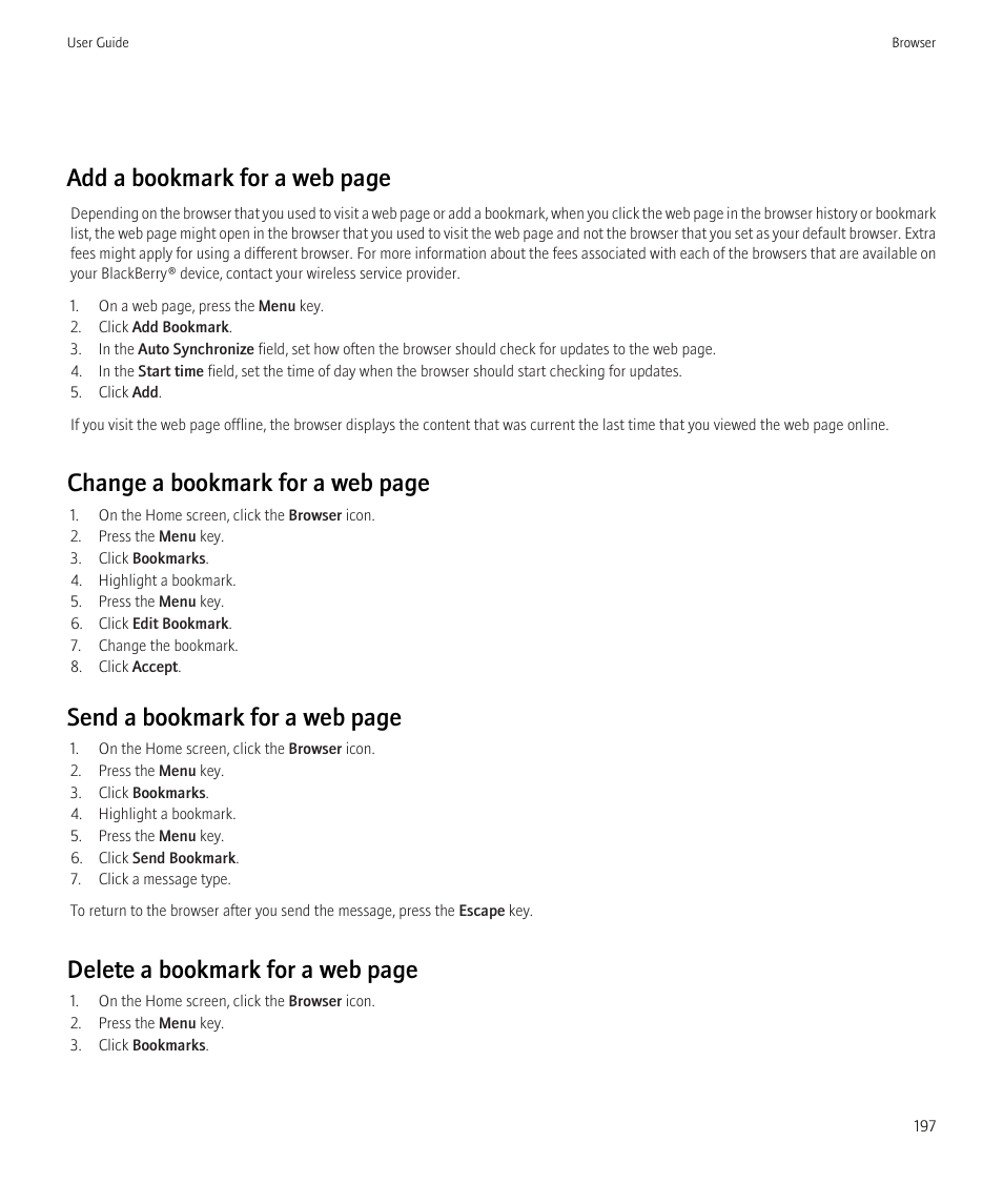 Add a bookmark for a web page, Change a bookmark for a web page, Send a bookmark for a web page | Delete a bookmark for a web page | Blackberry CURVE 8980 User Manual | Page 199 / 443