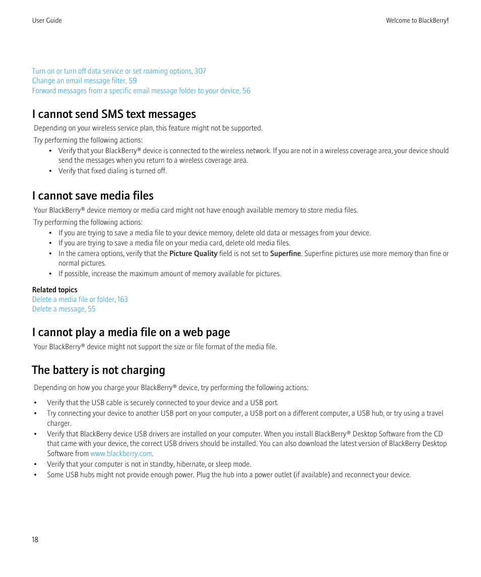 I cannot send sms text messages, I cannot save media files, I cannot play a media file on a web page | The battery is not charging | Blackberry CURVE 8980 User Manual | Page 20 / 443