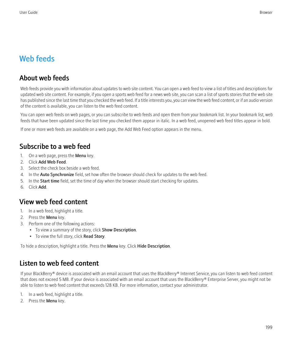 Web feeds, About web feeds, Subscribe to a web feed | View web feed content, Listen to web feed content | Blackberry CURVE 8980 User Manual | Page 201 / 443