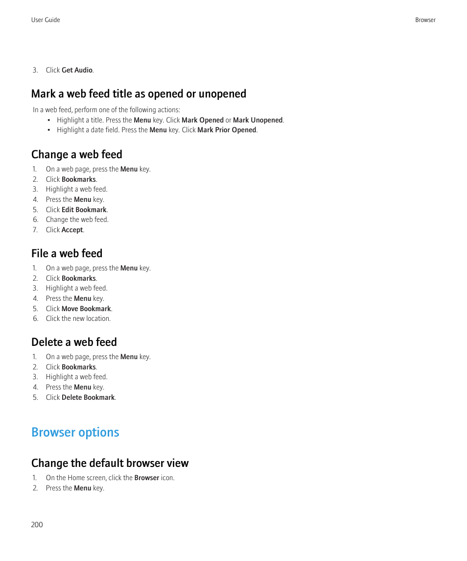 Browser options, Mark a web feed title as opened or unopened, Change a web feed | File a web feed, Delete a web feed, Change the default browser view | Blackberry CURVE 8980 User Manual | Page 202 / 443