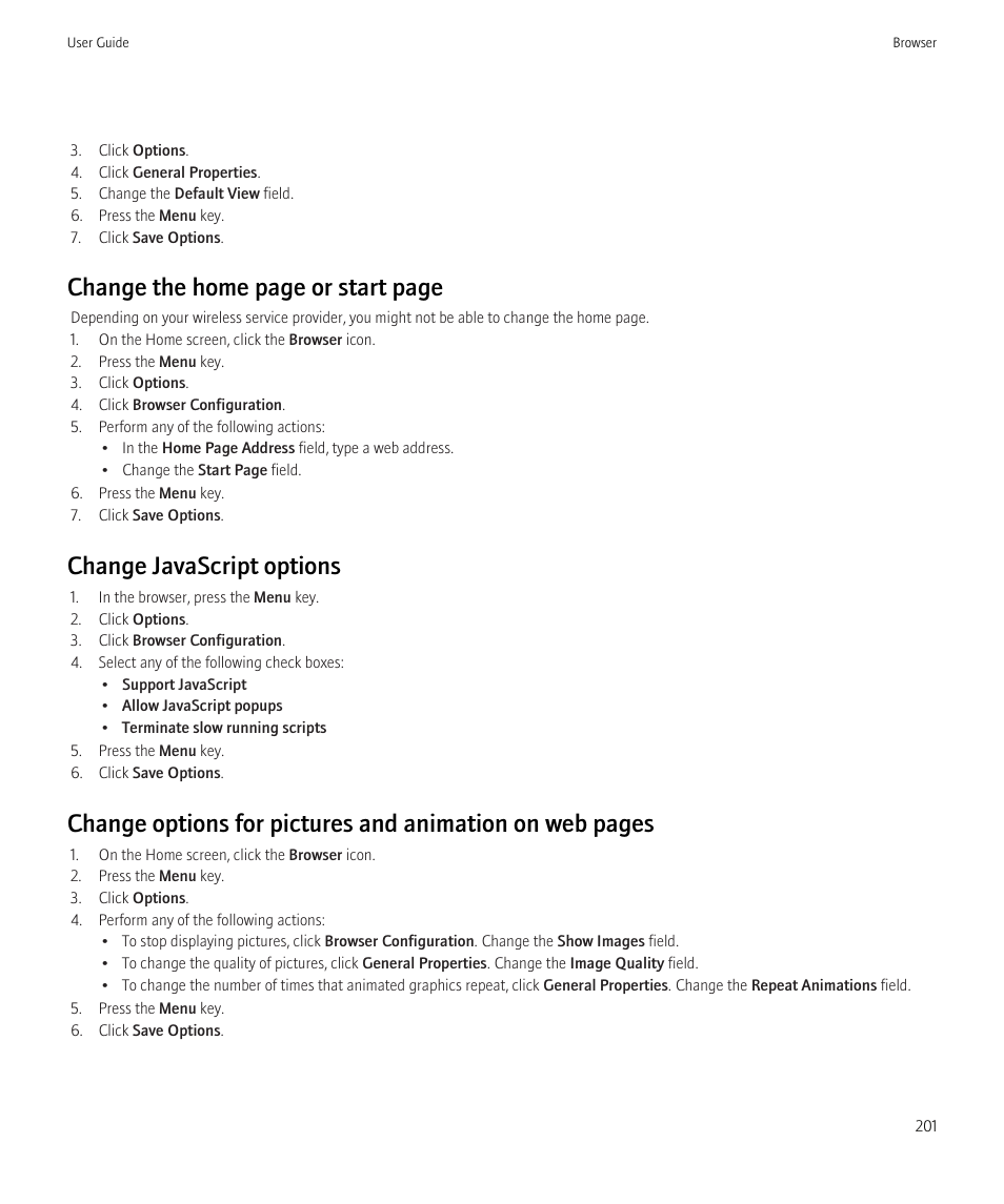 Change the home page or start page, Change javascript options | Blackberry CURVE 8980 User Manual | Page 203 / 443