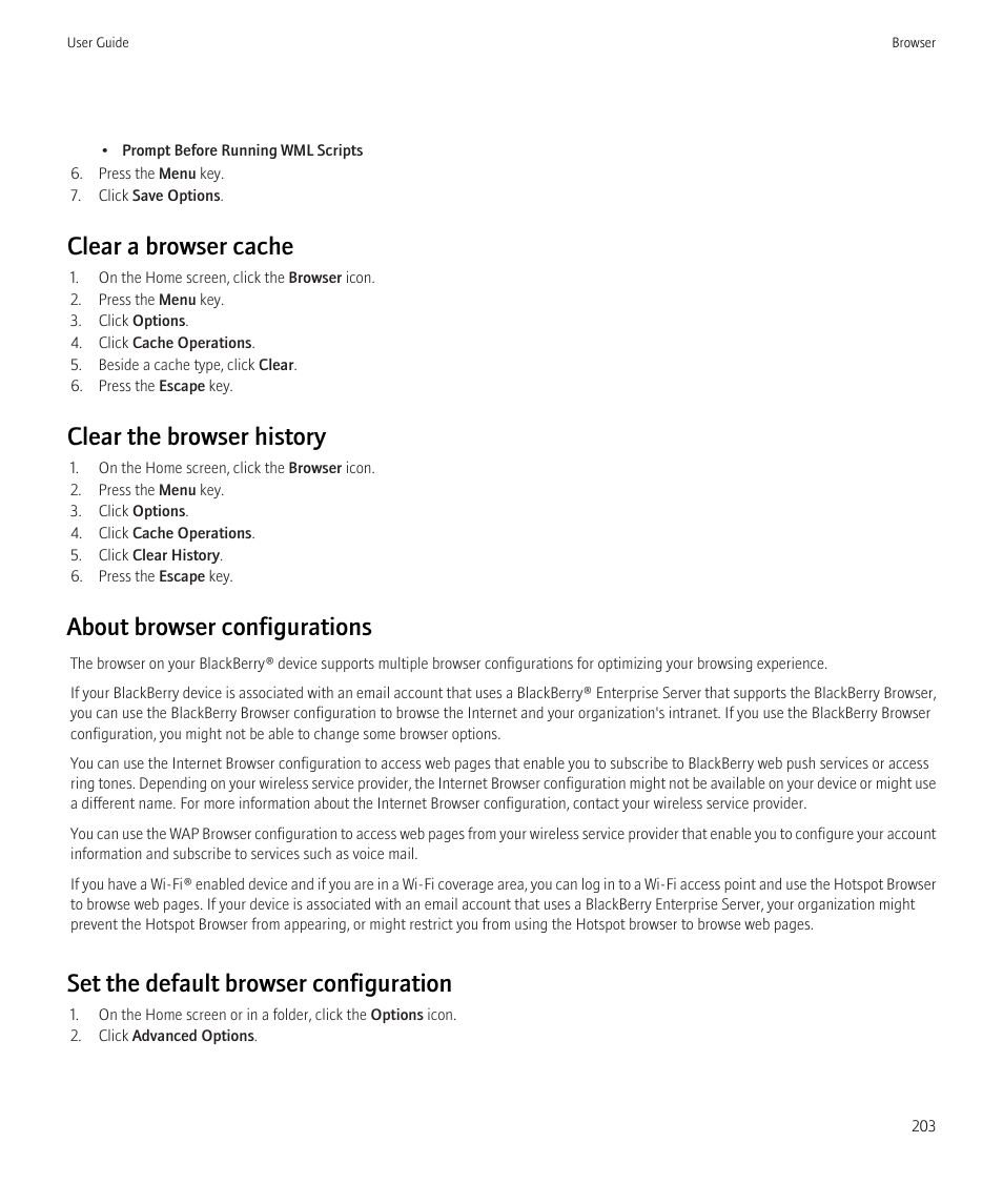 Clear a browser cache, Clear the browser history, About browser configurations | Set the default browser configuration | Blackberry CURVE 8980 User Manual | Page 205 / 443