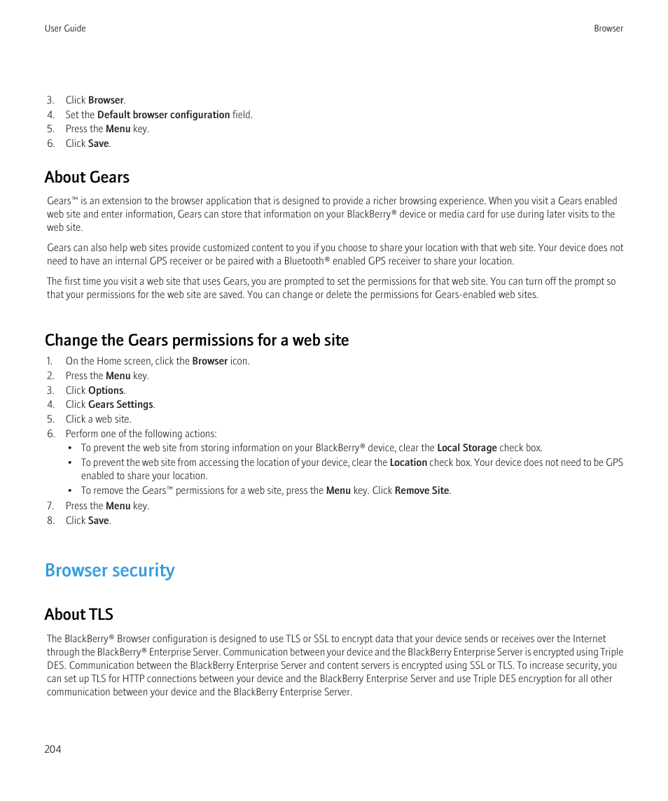 Browser security, About gears, Change the gears permissions for a web site | About tls | Blackberry CURVE 8980 User Manual | Page 206 / 443