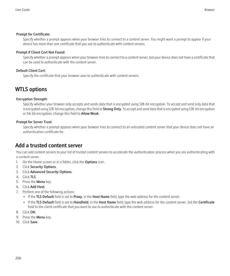 Wtls options, Add a trusted content server | Blackberry CURVE 8980 User Manual | Page 208 / 443