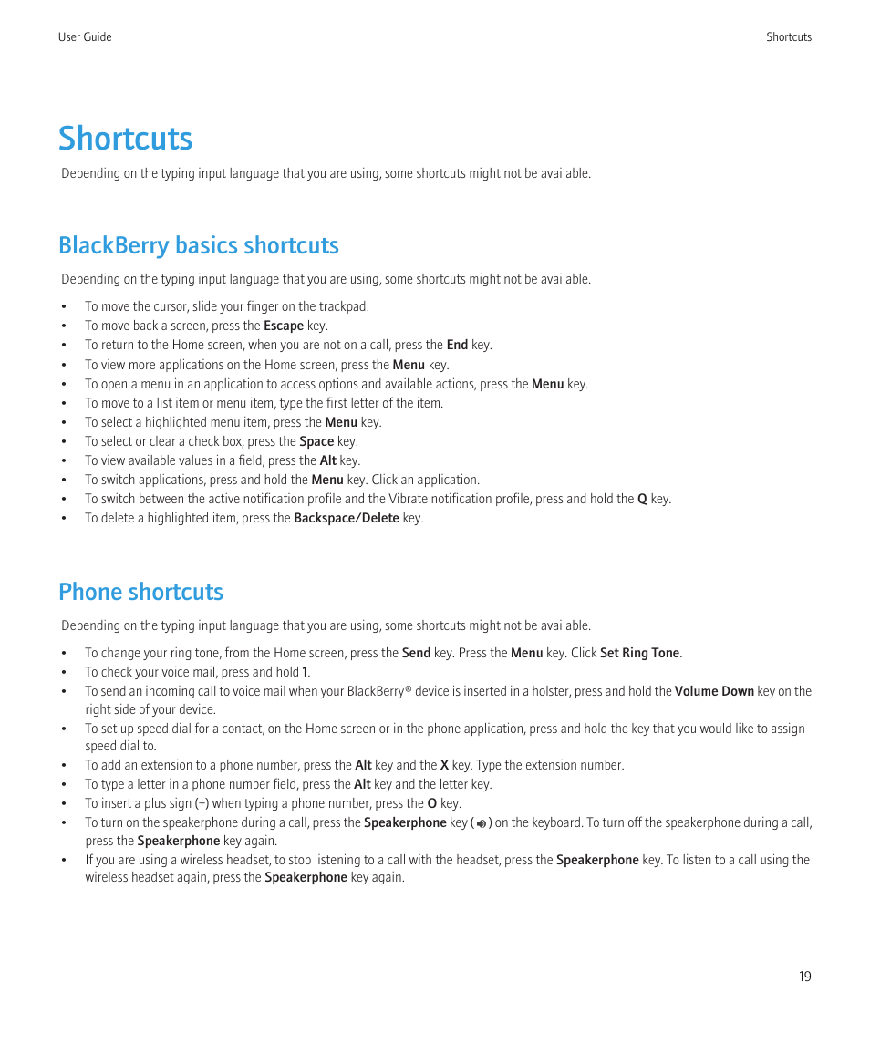 Shortcuts, Blackberry basics shortcuts, Phone shortcuts | Blackberry CURVE 8980 User Manual | Page 21 / 443