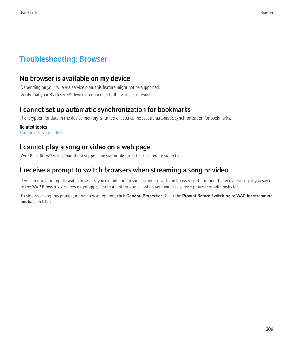 Troubleshooting: browser, No browser is available on my device, I cannot play a song or video on a web page | Blackberry CURVE 8980 User Manual | Page 211 / 443