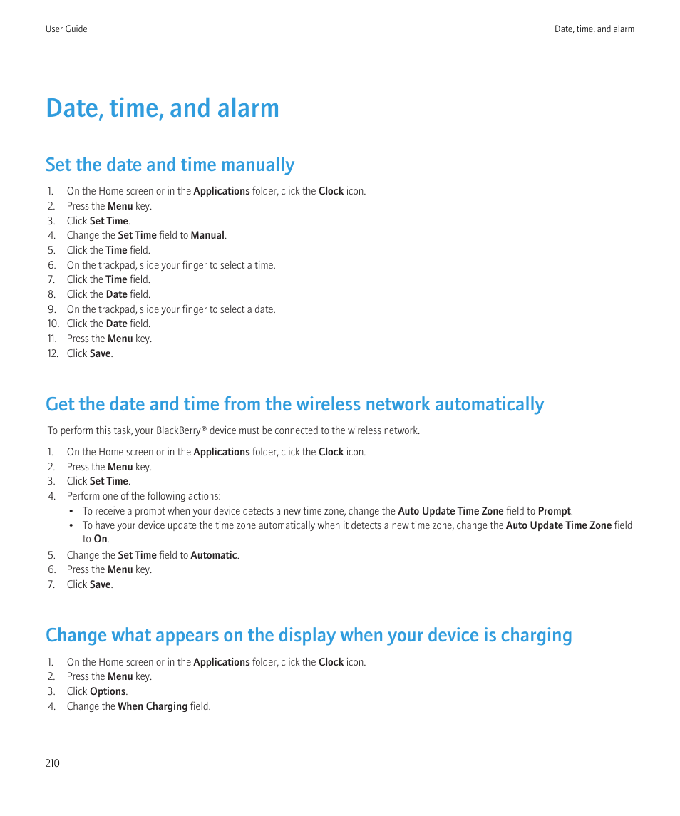 Date, time, and alarm, Set the date and time manually | Blackberry CURVE 8980 User Manual | Page 212 / 443