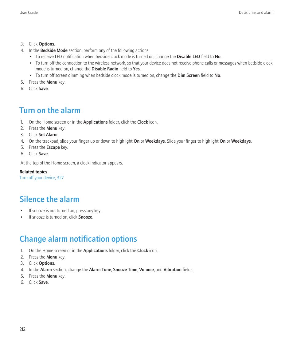 Turn on the alarm, Silence the alarm, Change alarm notification options | Blackberry CURVE 8980 User Manual | Page 214 / 443