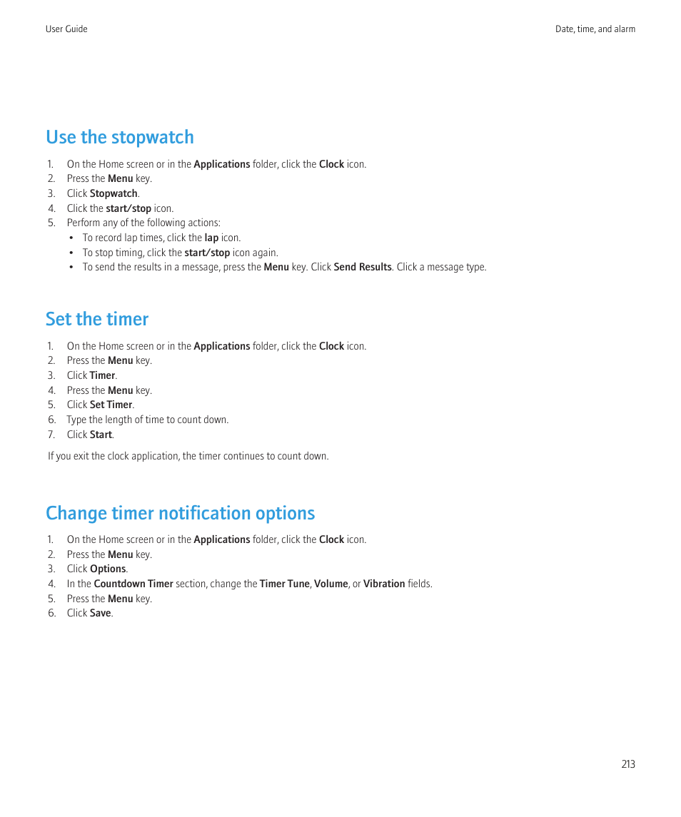 Use the stopwatch, Set the timer, Change timer notification options | Blackberry CURVE 8980 User Manual | Page 215 / 443