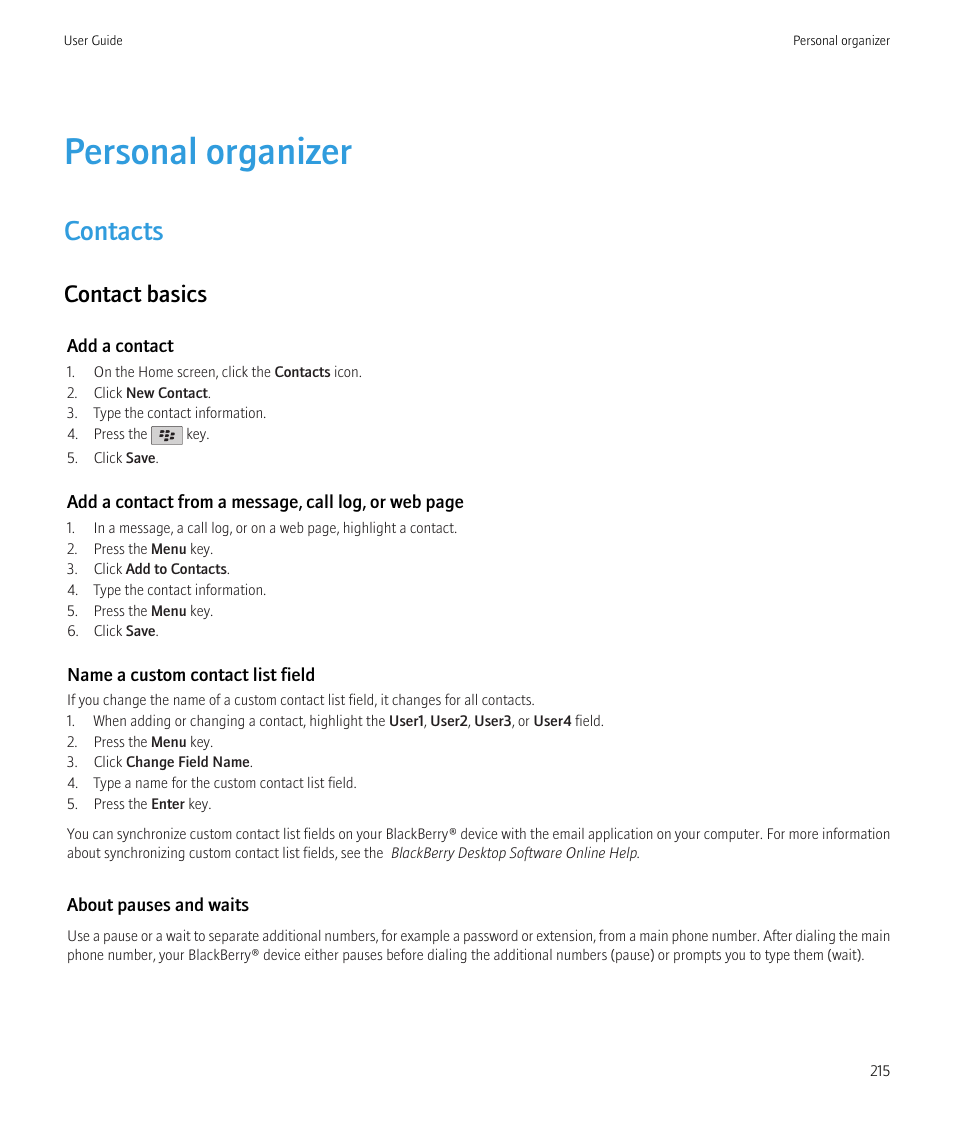 Personal organizer, Contacts, Contact basics | Blackberry CURVE 8980 User Manual | Page 217 / 443