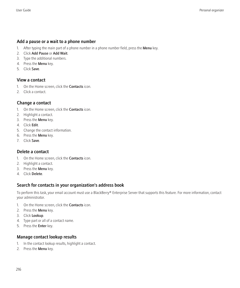 Add a pause or a wait to a phone number, 216, Change a contact, 216 | Blackberry CURVE 8980 User Manual | Page 218 / 443