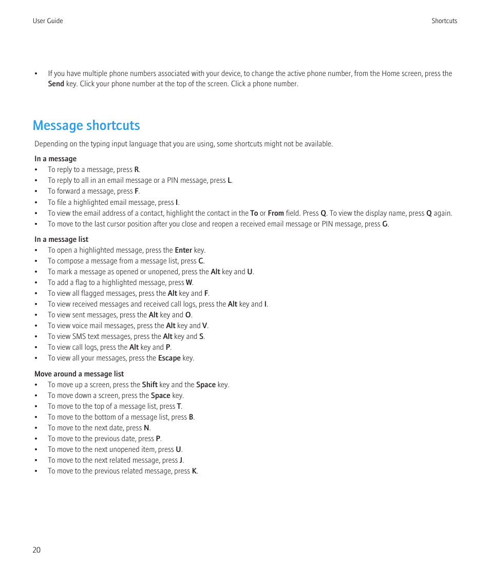 Message shortcuts | Blackberry CURVE 8980 User Manual | Page 22 / 443