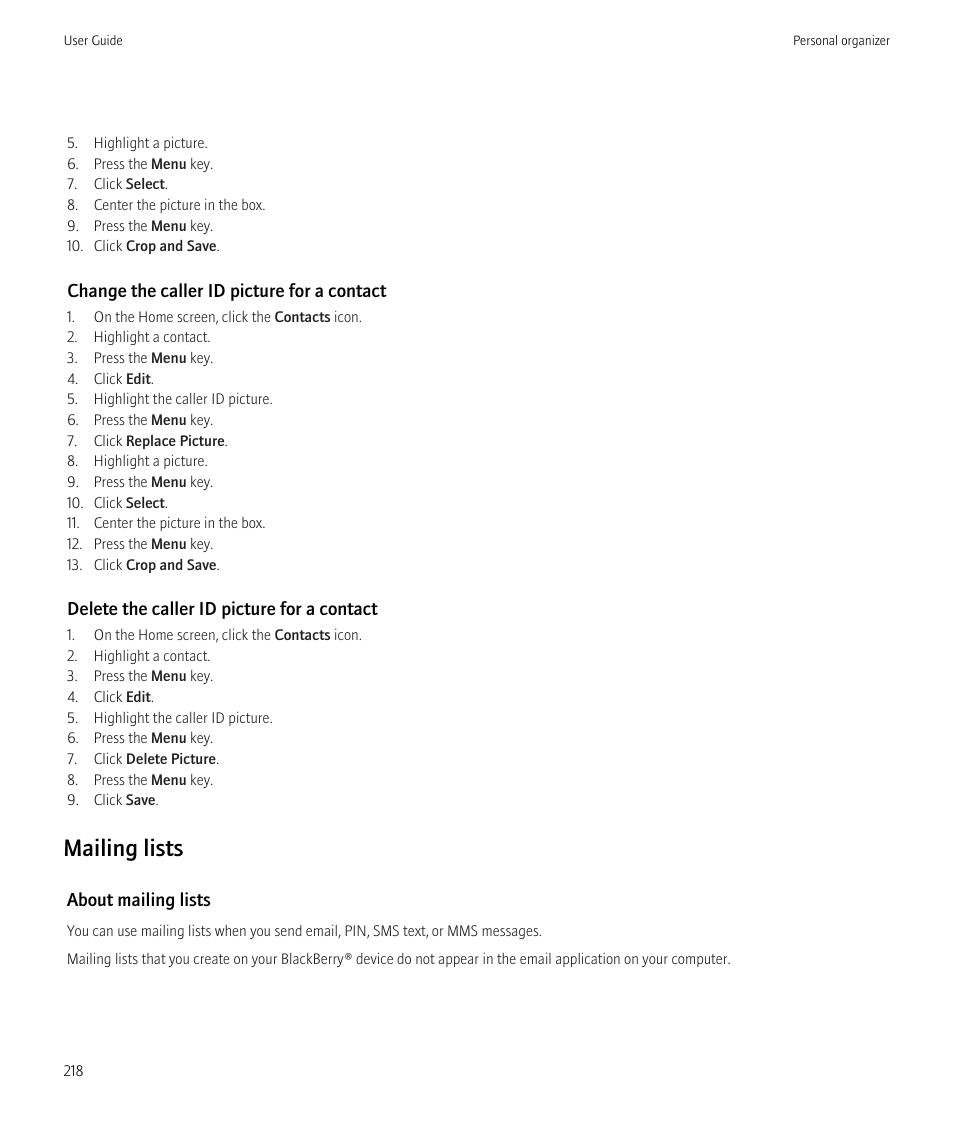 Mailing lists | Blackberry CURVE 8980 User Manual | Page 220 / 443