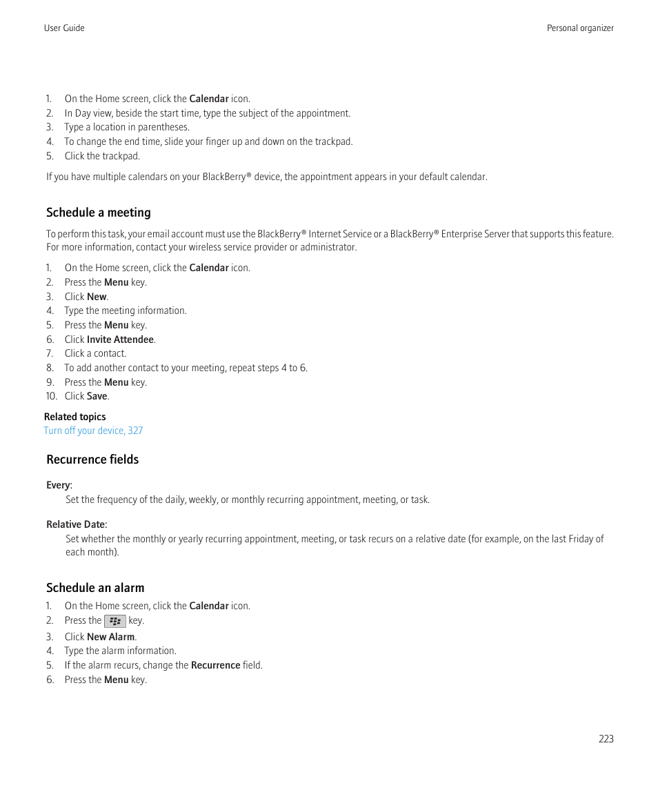 Schedule a meeting, Recurrence fields, Schedule an alarm | Blackberry CURVE 8980 User Manual | Page 225 / 443