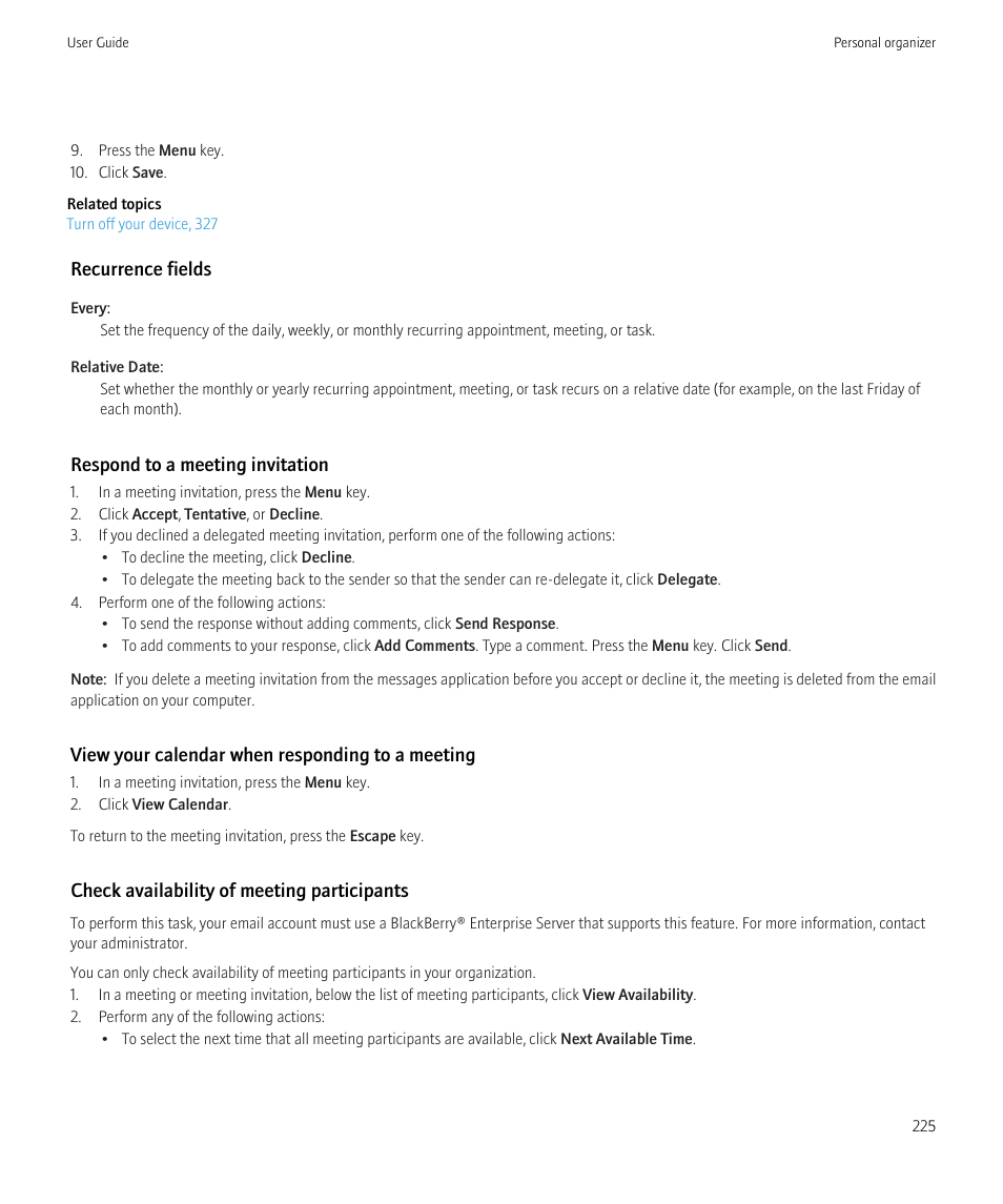 Recurrence fields, Respond to a meeting invitation, View your calendar when responding to a meeting | Check availability of meeting participants | Blackberry CURVE 8980 User Manual | Page 227 / 443