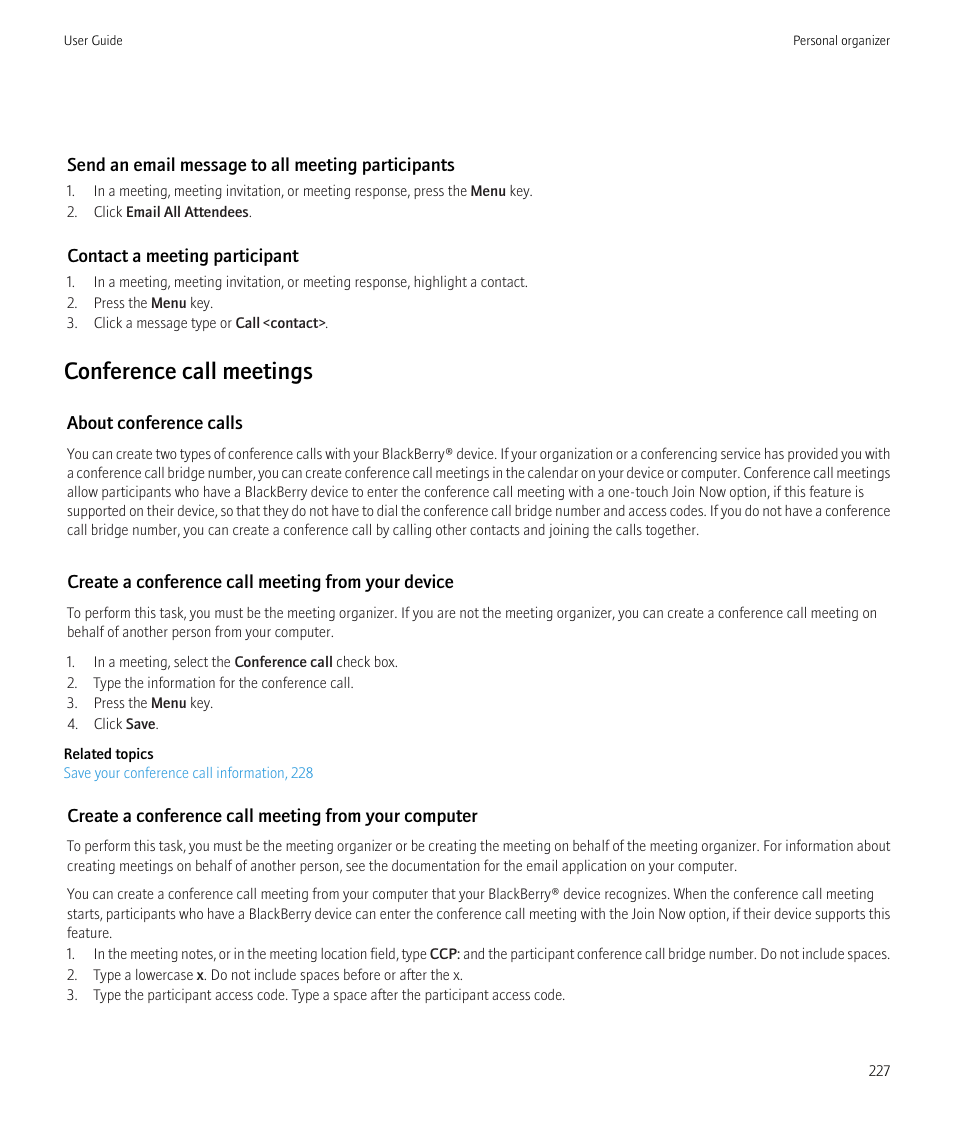 Conference call meetings | Blackberry CURVE 8980 User Manual | Page 229 / 443