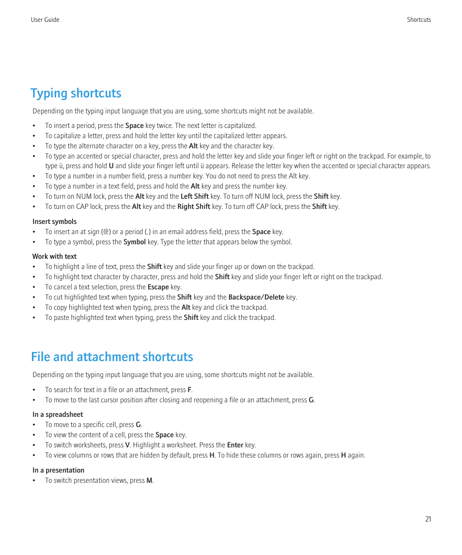 Typing shortcuts, File and attachment shortcuts | Blackberry CURVE 8980 User Manual | Page 23 / 443