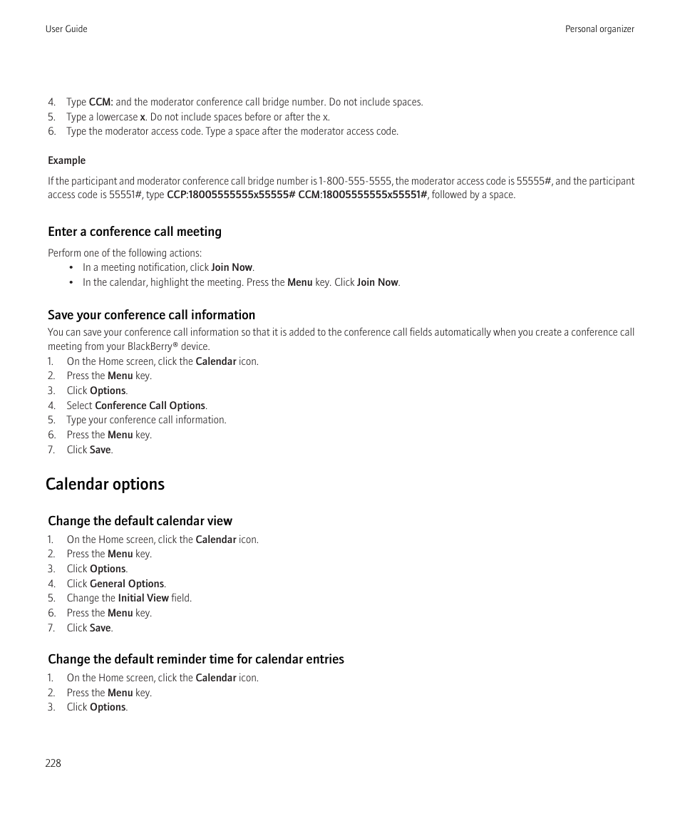 Calendar options | Blackberry CURVE 8980 User Manual | Page 230 / 443
