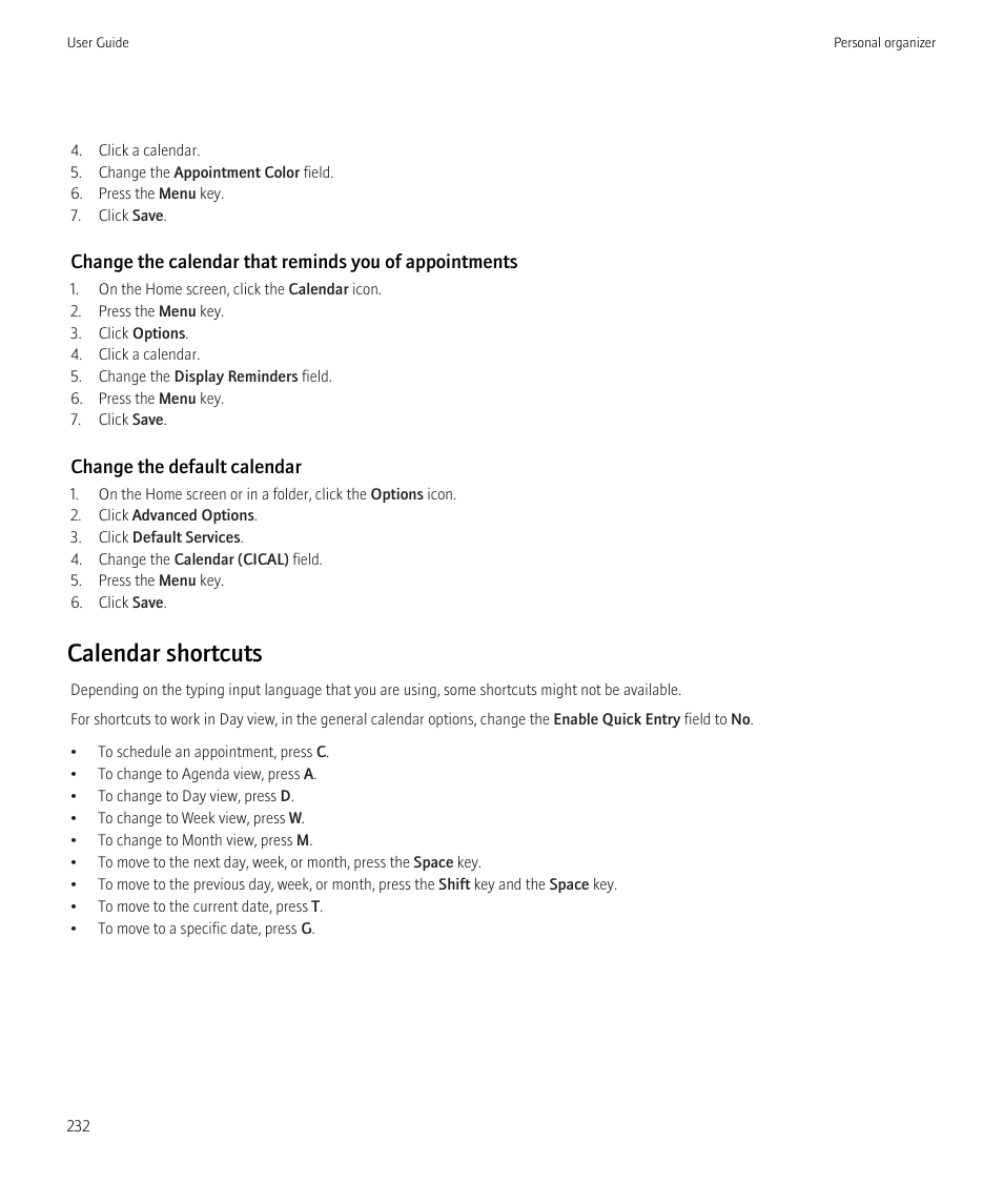 Calendar shortcuts, Change the default calendar | Blackberry CURVE 8980 User Manual | Page 234 / 443