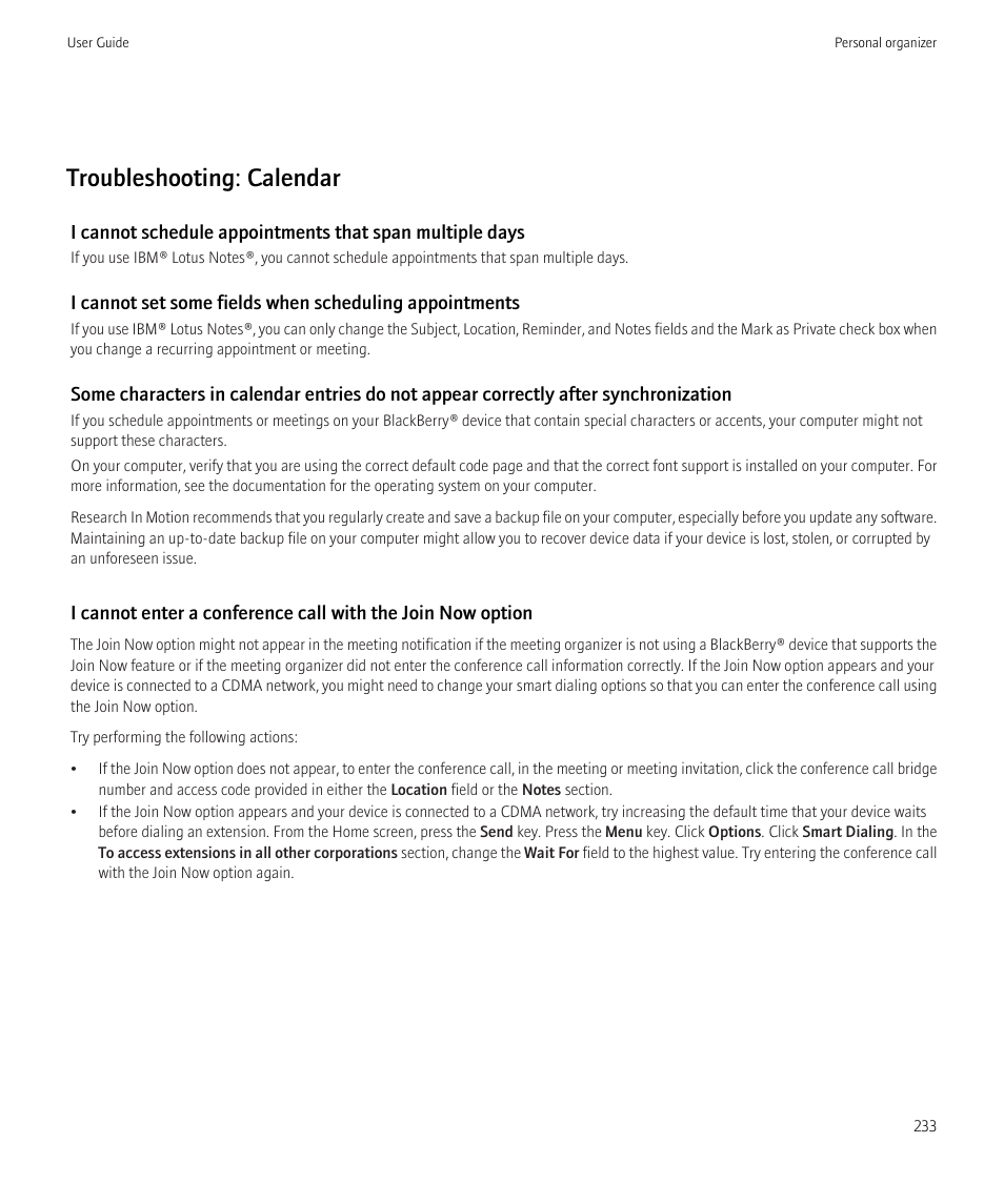 Troubleshooting: calendar | Blackberry CURVE 8980 User Manual | Page 235 / 443