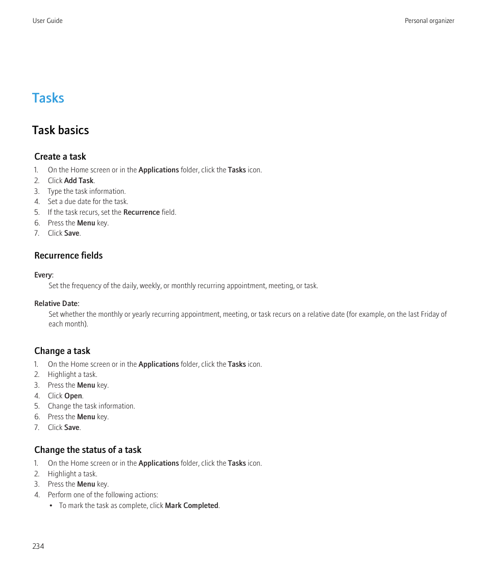Tasks, Task basics | Blackberry CURVE 8980 User Manual | Page 236 / 443