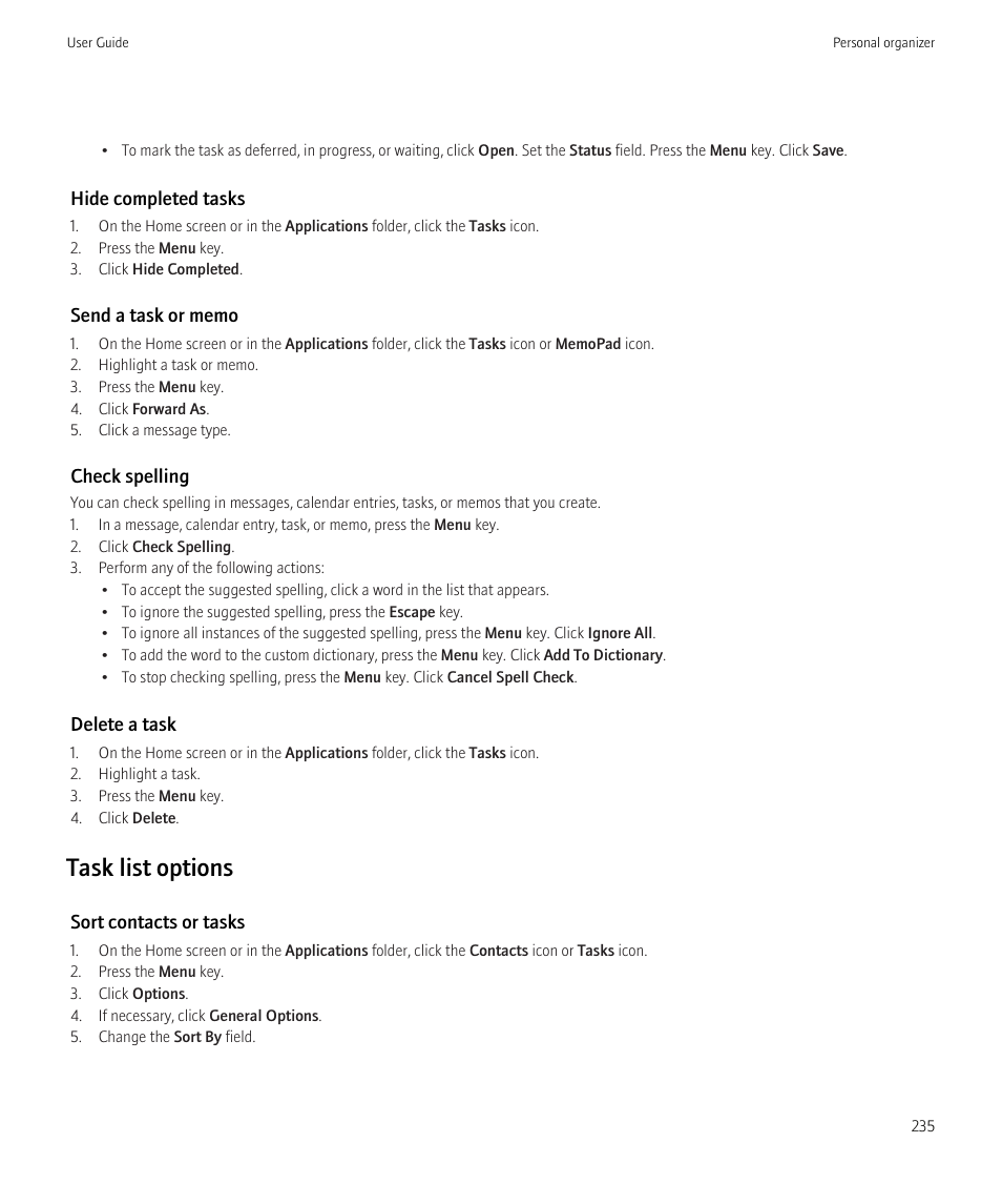 Task list options | Blackberry CURVE 8980 User Manual | Page 237 / 443