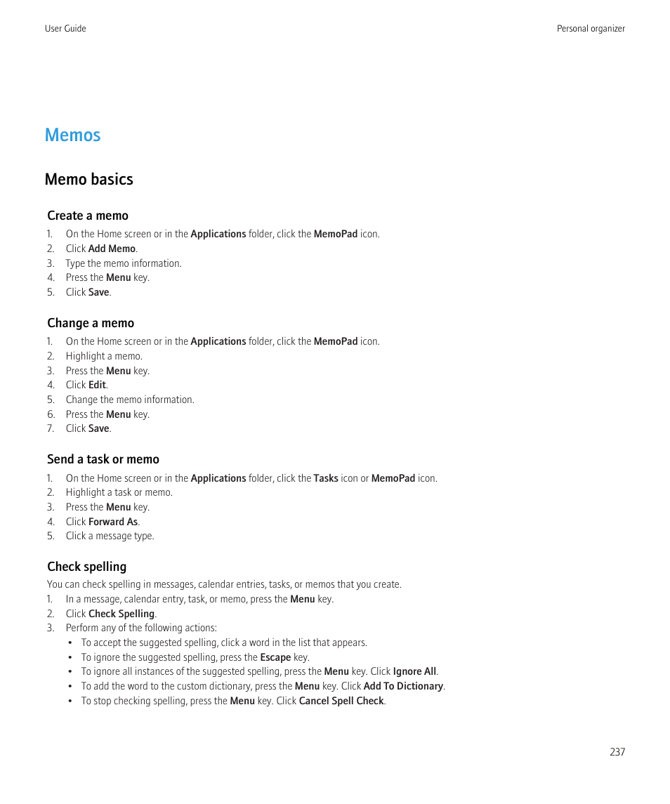 Memos | Blackberry CURVE 8980 User Manual | Page 239 / 443
