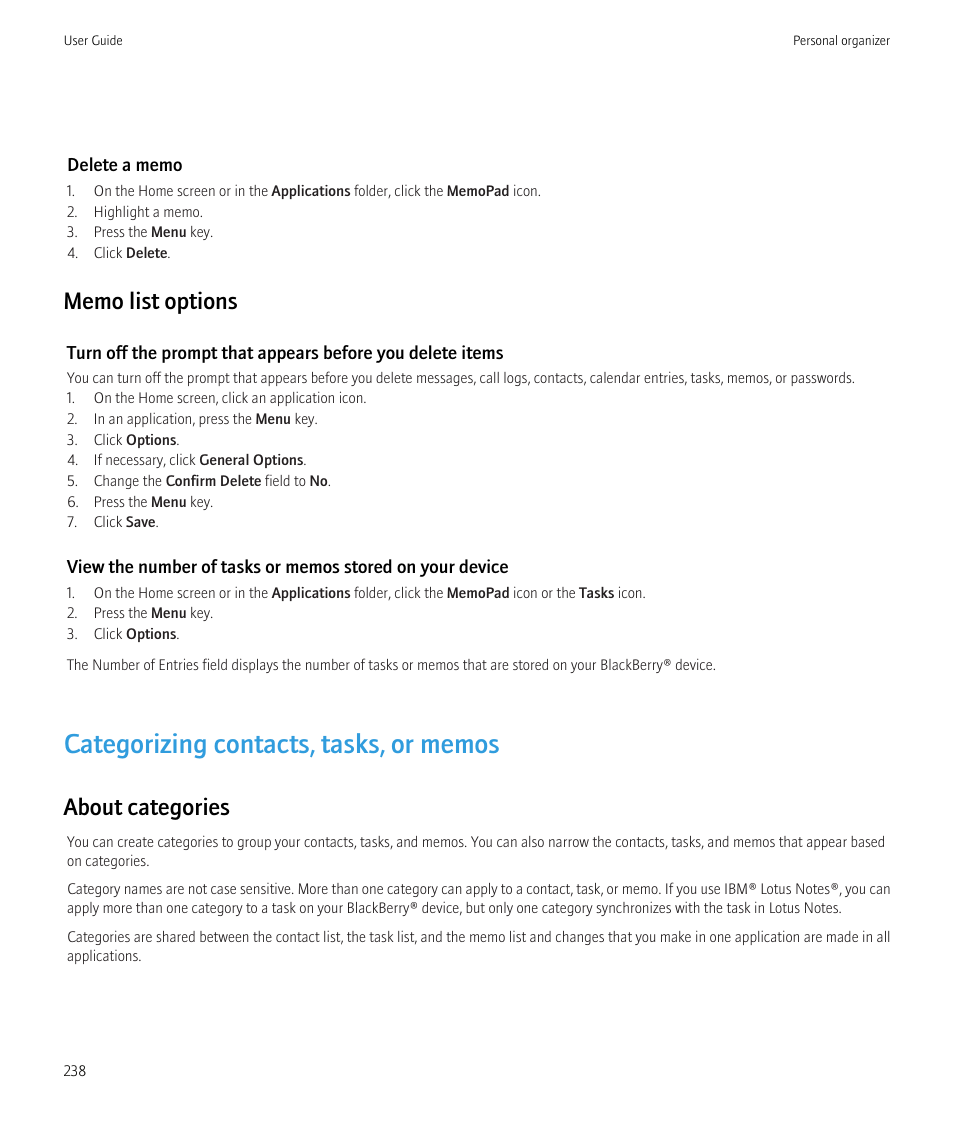 Categorizing contacts, tasks, or memos, About categories | Blackberry CURVE 8980 User Manual | Page 240 / 443