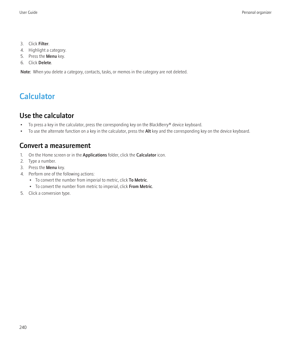 Calculator, Use the calculator, Convert a measurement | Blackberry CURVE 8980 User Manual | Page 242 / 443